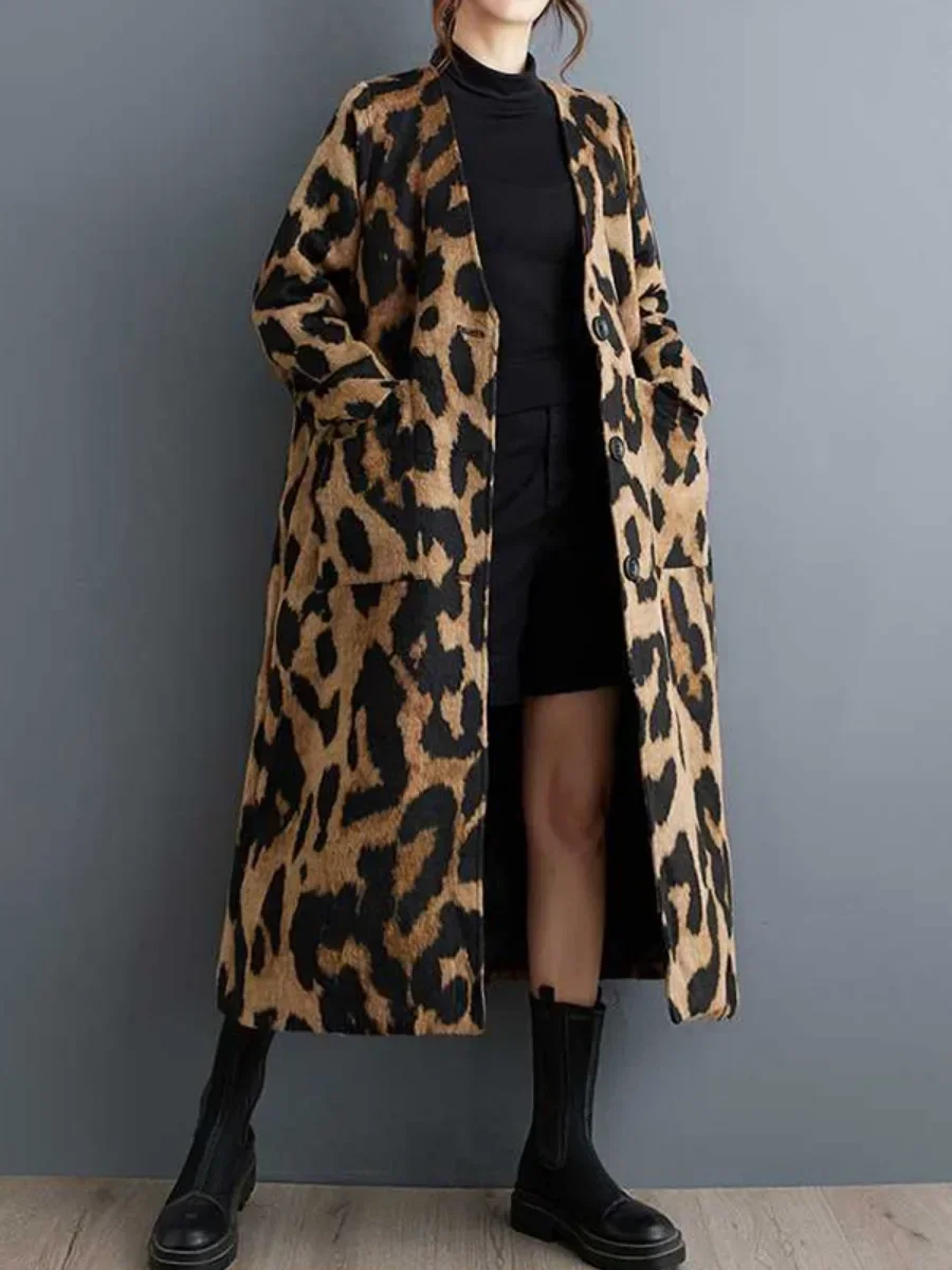 Lemongor Female Stylish Selection Leopard Outerwears Coats 2024 New Autumn Winter Long Sleeves V-Neck Loose Casual Trench Coat