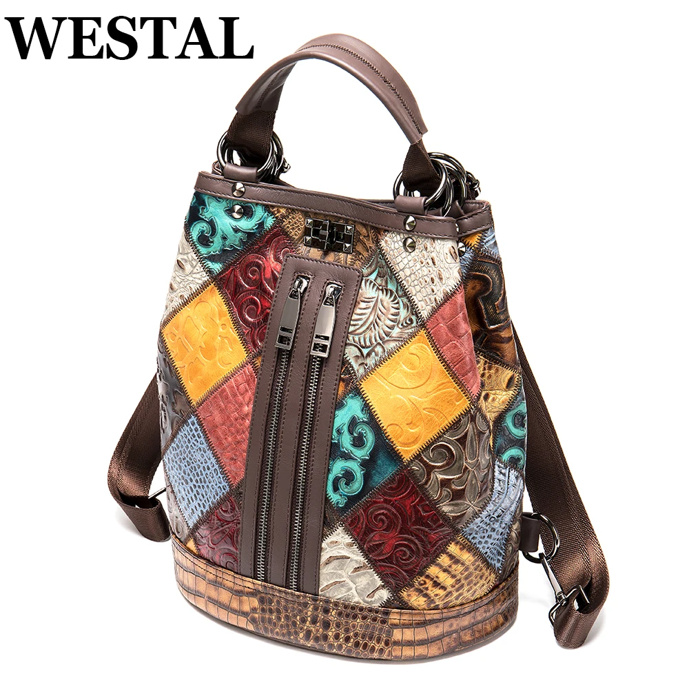 

WESTAL Backpacks For Women Patchwork Colorful Genuine Leather Backpacks School Students Female Bags Handbag Girls Laptop Travel