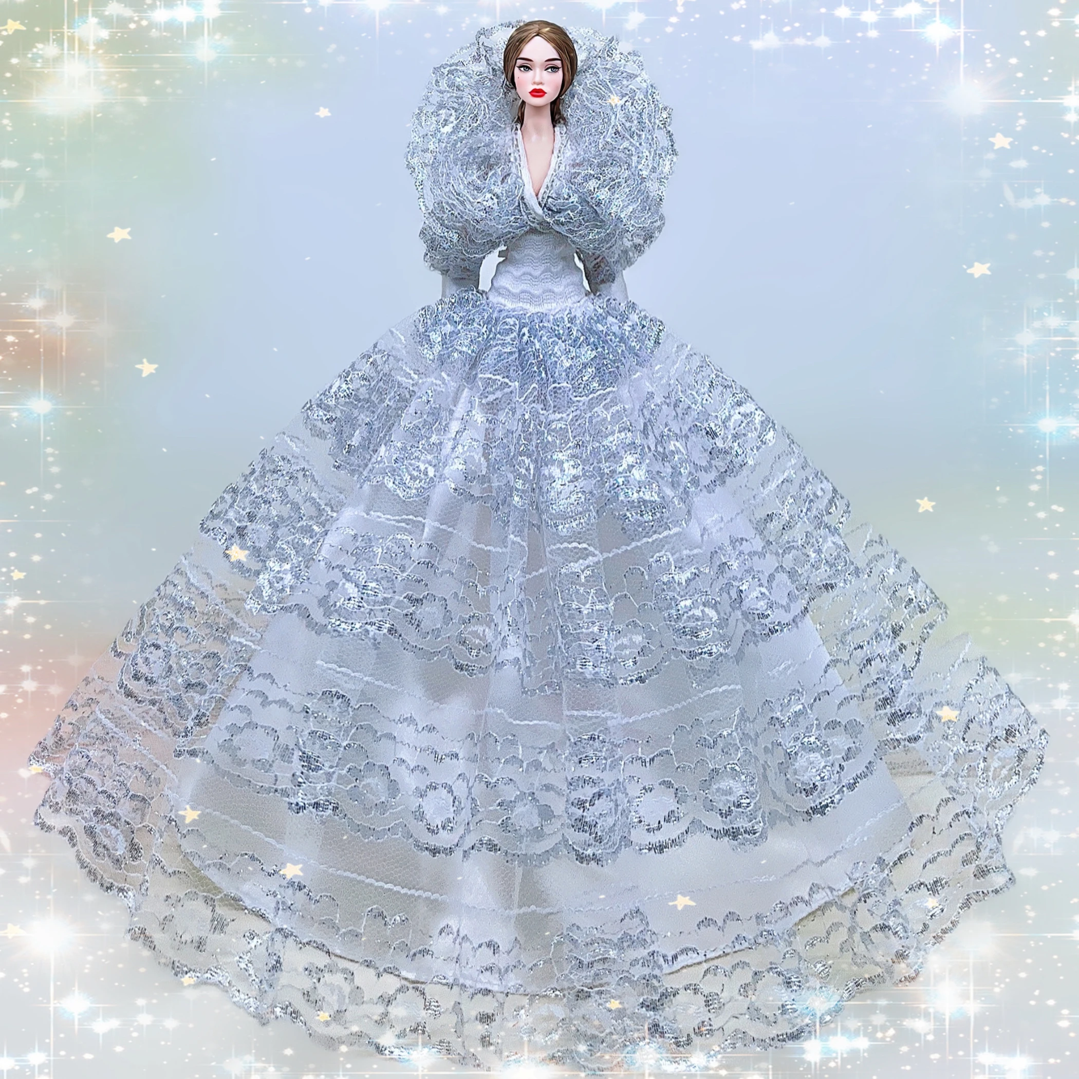 for 30cm doll white lace evening gown