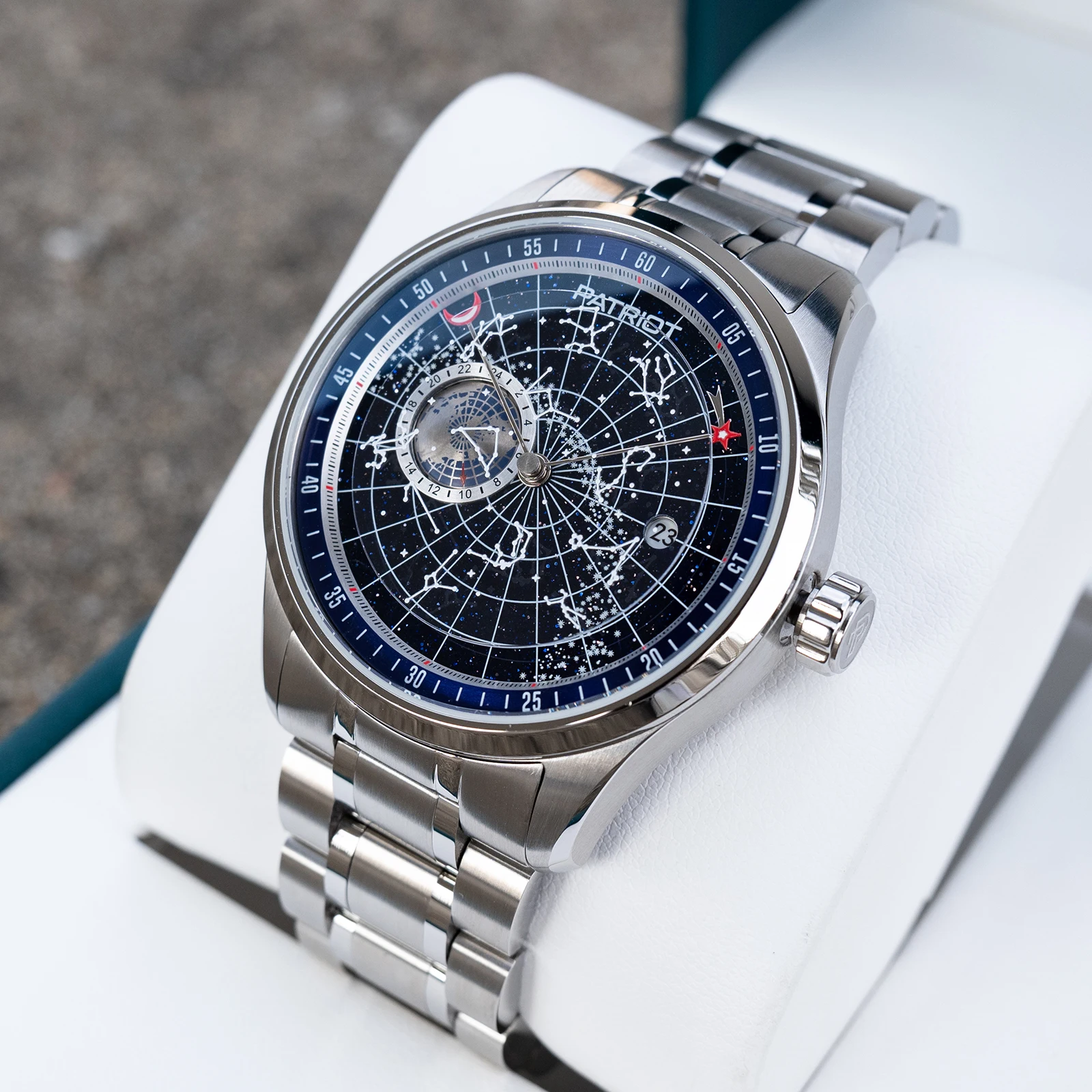 Patriot Men's Luxury Stainless Steel Earth Star Mechanical Watch Constellation Blue Dial Automatic Timepiece for Men PAT-STAR