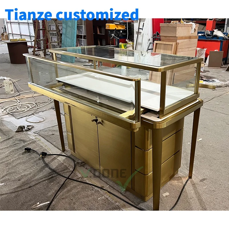 

[Customized]modern jewelry shop golden stainless steel Jewellery counter display cabinet jewelry store decoration furniture cust