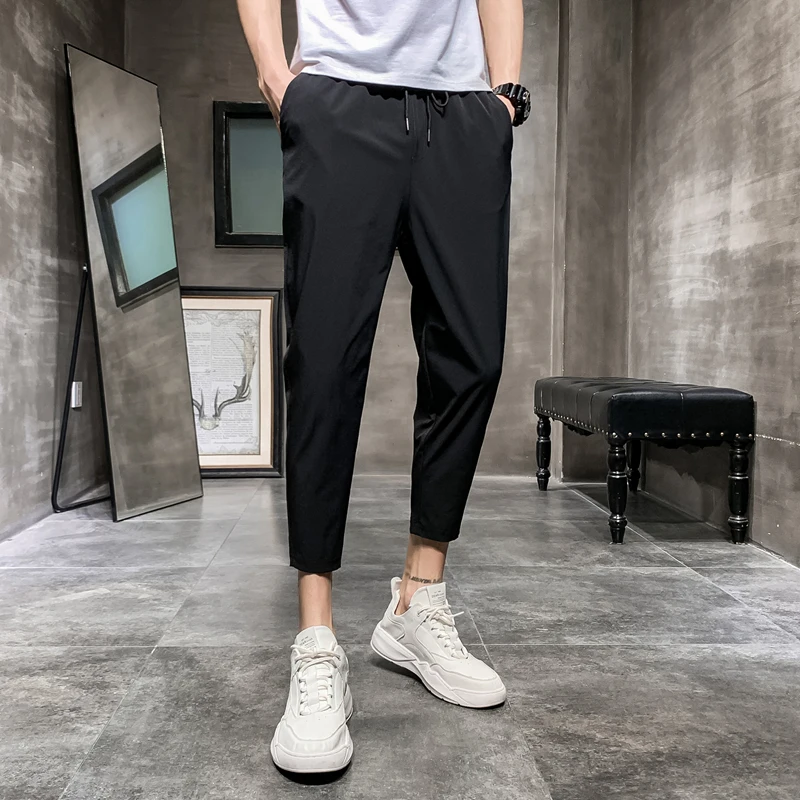 Slim Fit Summer Thin Casual Pants for Men Nine Points Korean Style Trendy Brand Baggie Pocket No Ironing Process Nylon Spandex