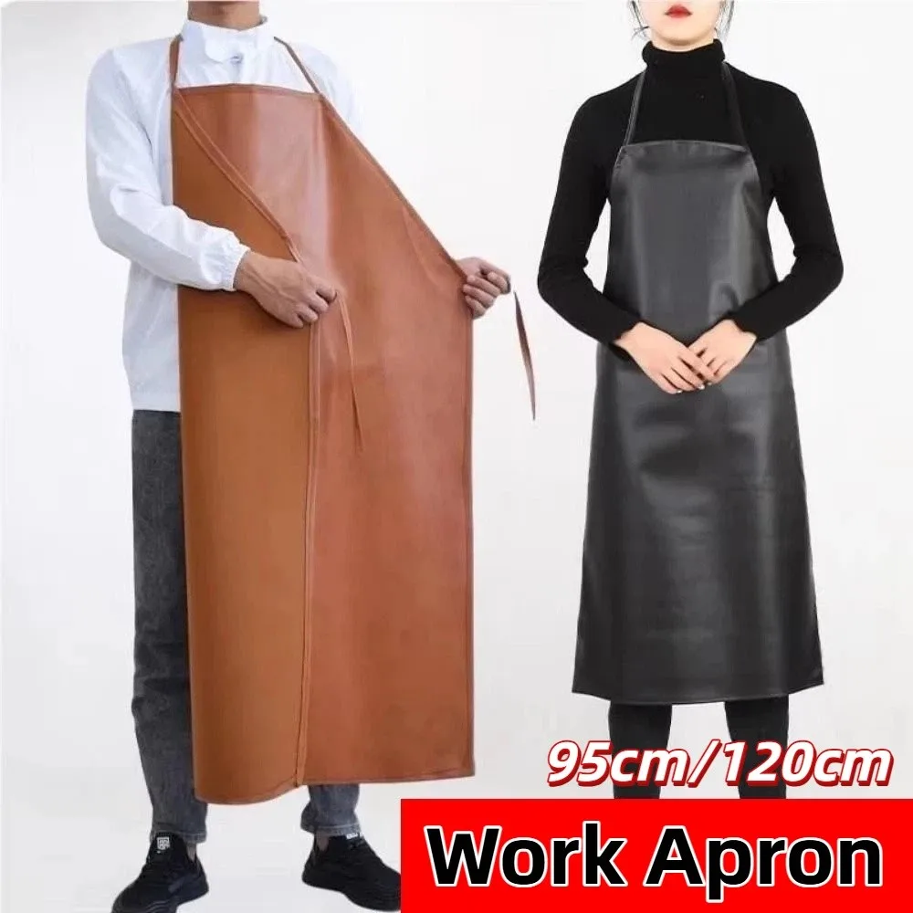 Thickened PU Leather Apron 95/120cm Waterproof Work Apron with 1pair Sleeve Oil Resistant Welding Protective Apron Welding Work