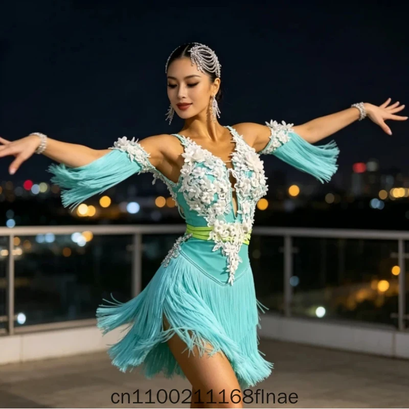 Blue Latin Dance Advanced Edition Practice Dress Flower Skirt Adult and Children's Practice Dress Tassel New Style Competition