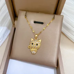 Fashion Shiny Zircon Bow Cat Pendant Necklace for Women Girls Stainless Steel Chain Jewelry Cute Kitten Accessories Gifts