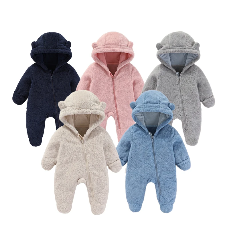 Baby Plush Fleece Hooded Footed Romper Bear Ears Design Vertical Zipper Warm Thick One Piece Newborn Daily Sleep Outfit