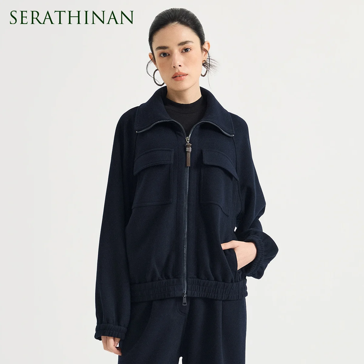 KT7624019 Women's Cashmere Blend Bomber Jacket Spread Collar 2 Way Zip Flap Pockets Chain Detail Old Money Autumn Fall