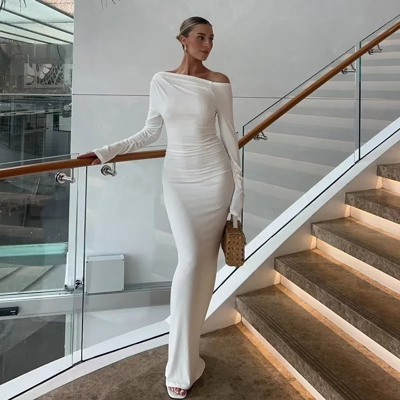Elegantes, figurbetontes Maxikleid mit schrägem Kragen für Damen, 2025, langärmelig, weiß, schwarz, Abendparty, Roben, Streetwear, weibliche Kleider