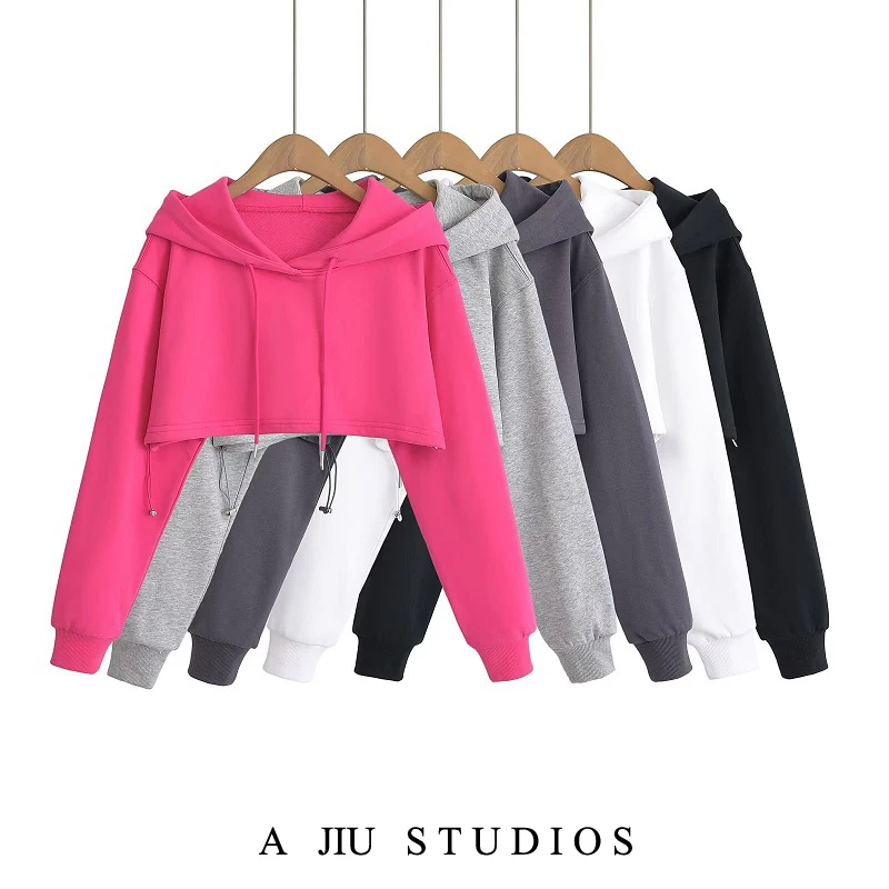 

American Retro Basic Color Loose Short Sleeveless Hoodie Women's Slimming Waist Exposing Long Sleeve Fitness Sportswear