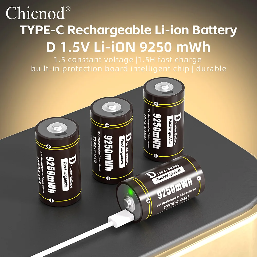 

CHICNOD D Size Rechargeable Lithium Battery Type-C Charging Cable 1.5V LR20 9250mWh Battery Flashlight Gas Stoves Water Heater