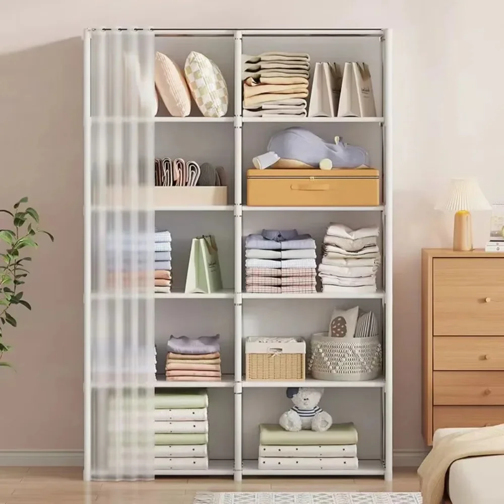 

Multifunctional Dustproof Cabinet Easy Assembly Portable Clothes Organizer Cabinet with Curtains Multipurpose She Book Holder