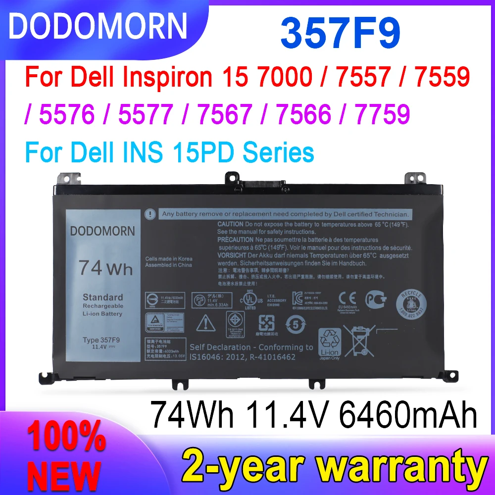 

DODOMORN New 357F9 Laptop Battery For Dell Inspiron 15 7000 7557 7559 5576 5577 7567 7566 775 9For Dell INS 15PD Series 6460mAh