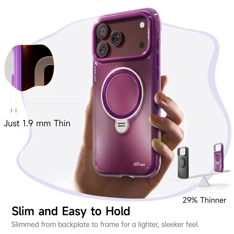 Baseus 360° Rotating Magnetic Phone Stand Case with Holder Hoop Ring Airbag Full Protection Magnet Case for iPhone 18 17 Pro Max view 2