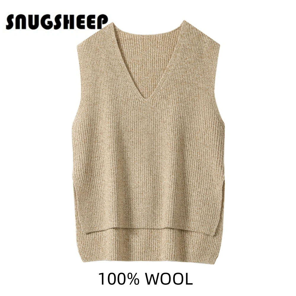 women winter sweater vest 100% wool top brown knitted clothing v neck womens vintage style sleeveless tops korean gilet cashmere