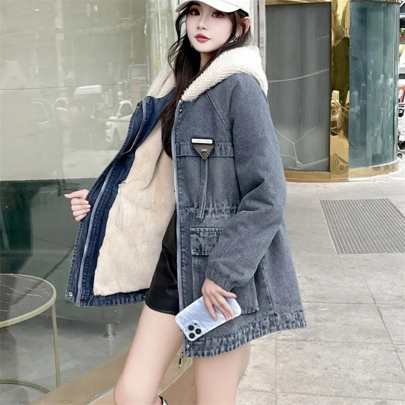 Plush and Thick Hooded Denim Pie Overcomes Women's 2023 Winter New Korean Casual Long Sleeved Warm Cotton-padded Clothes Sweater