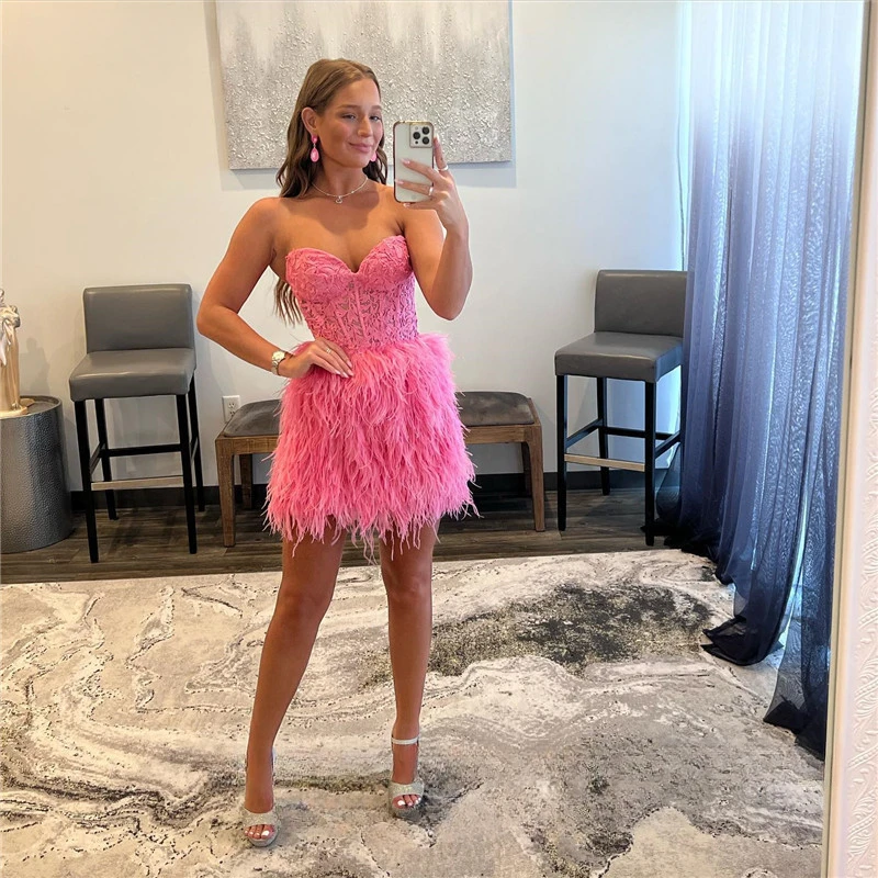 Hot Pink Feather Prom Gowns Corset Short Homecoming  Dress Lace Above Knee Length Corset Prom Party Dresses  2023