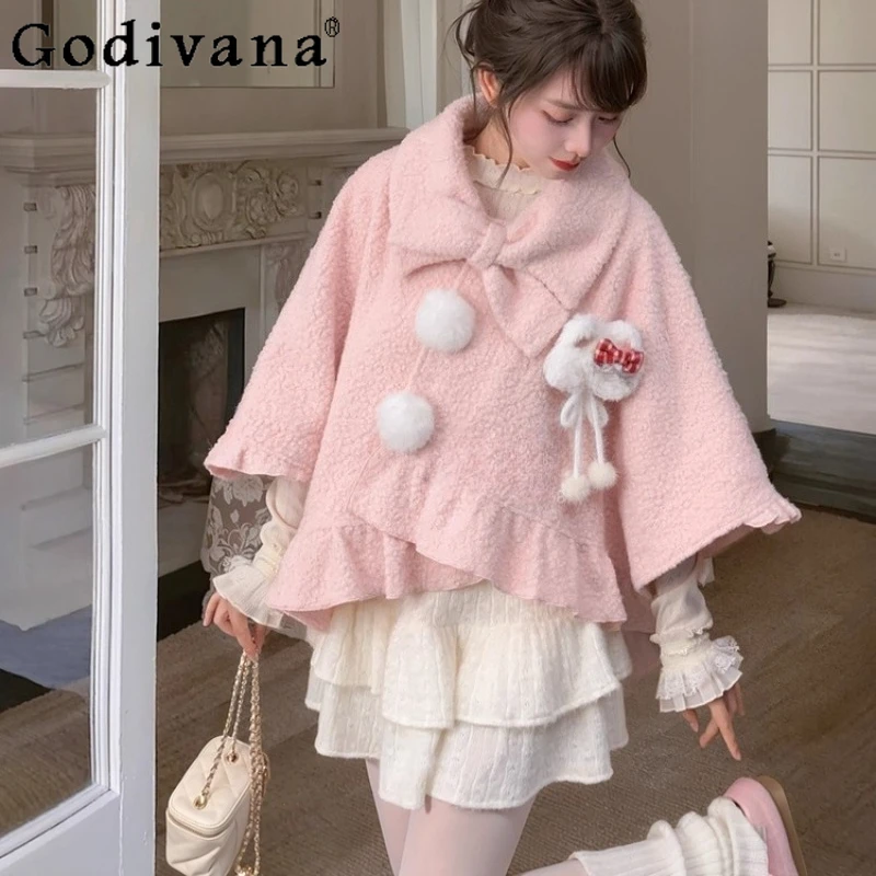 الحلو الوردي لوليتا معطف الصوف للنساء النمط الياباني Bowknot تصميم فضفاض الرؤوس الإناث الشتاء القوس طوق التخسيس العباءات