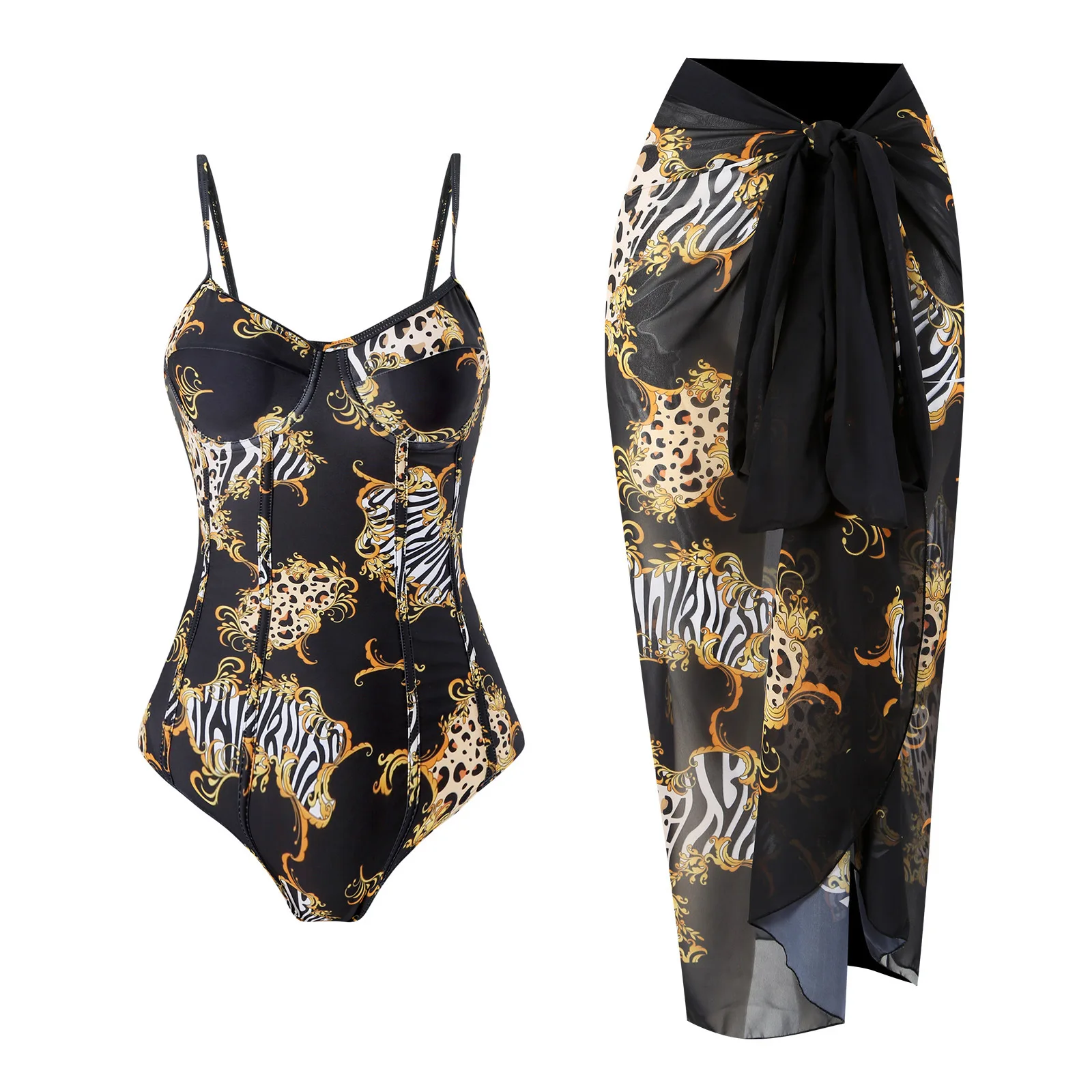 2 Pieces Retro Printed Swimsuit With Cover Up Sexy Women Swimwear 2025 V Neck Bikinis Female Biquini 3XL Bodysuit Beachwear