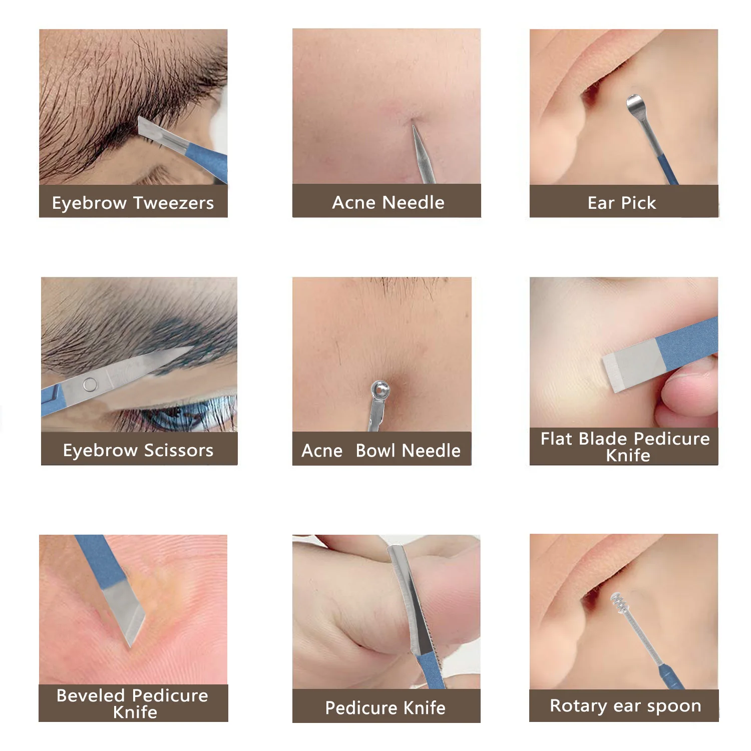 Zestaw do pedicure ze stali nierdzewnej, nożyczki do paznokci, pilniki do paznokci, wykałaczki do uszu, pęsety, nożyczki do włosów w nosie, golarka do brwi, (niebieski)