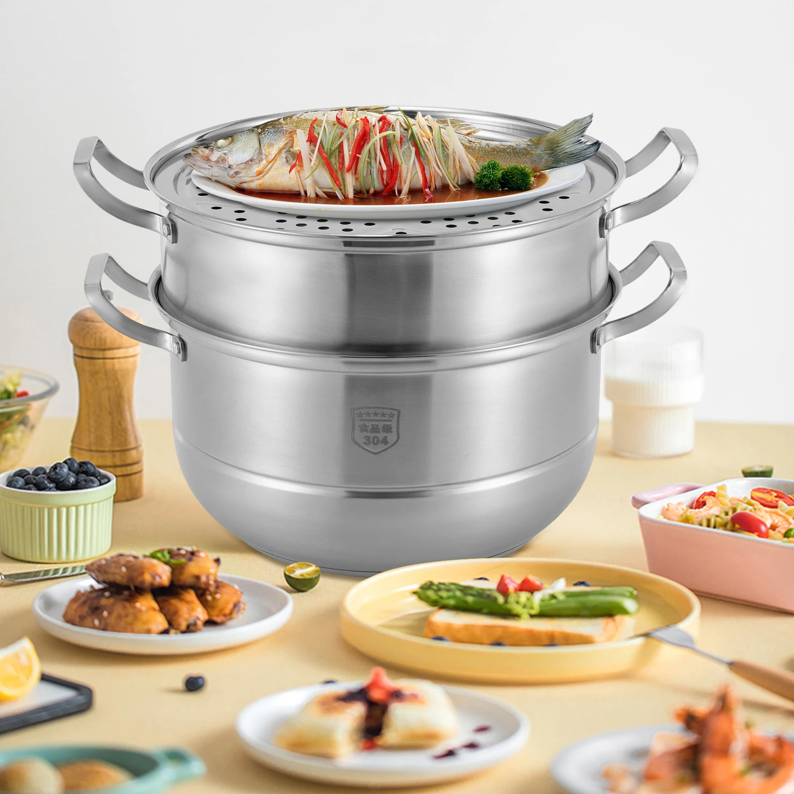 Multi-Layer Soup Pot Cooking Steamer Set Non-Toxic Stainless Steel Rust Resistance Large Capacity with Convenient Handles