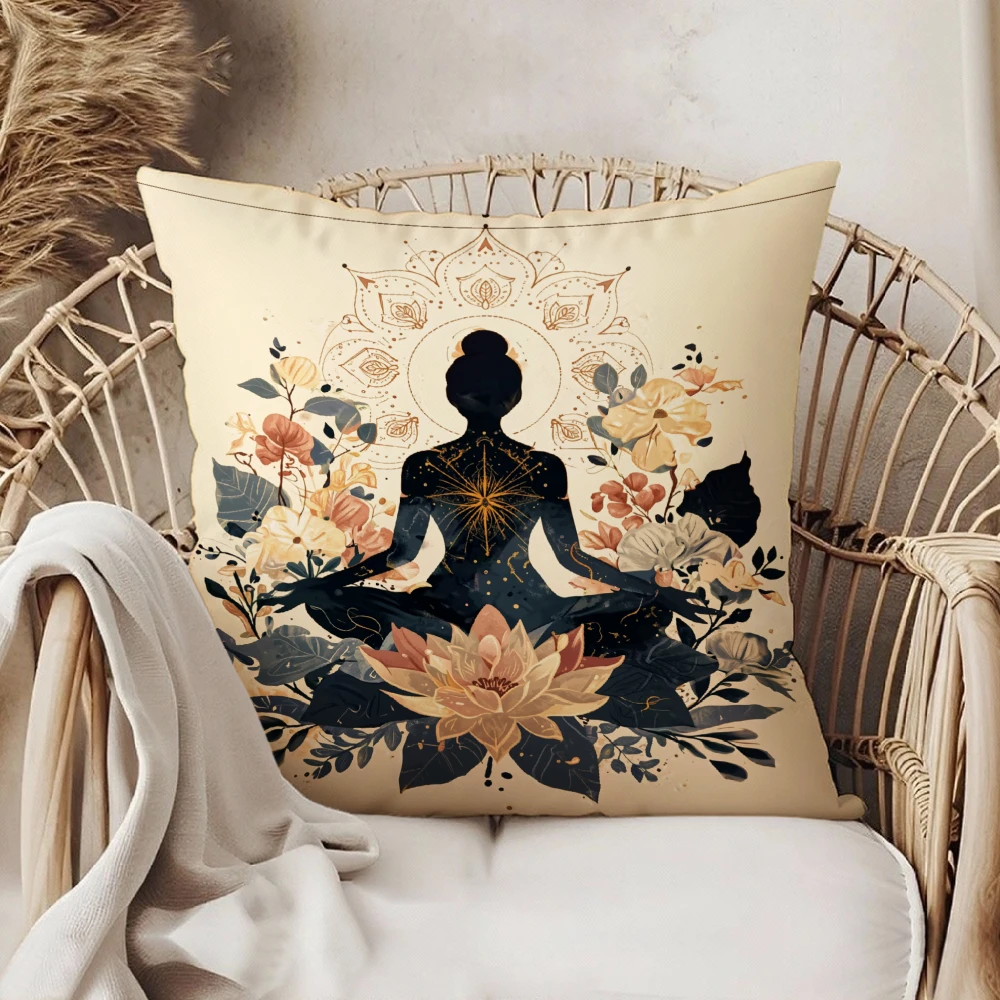 Square Throw Pillow Case Beige Meditating Silhouette With Lotus Flowers And Mandala Art For Living Room Sofa Bedroom Decor