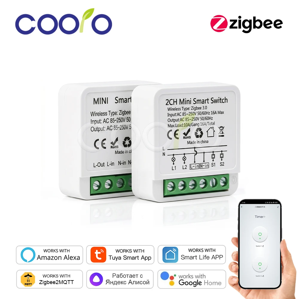 Zigbee 16A 1CH/2CH Smart Switch Breaker Mini Smart Home Relay Automation Module works with Tuya Hub Smart Life Alexa Google Home