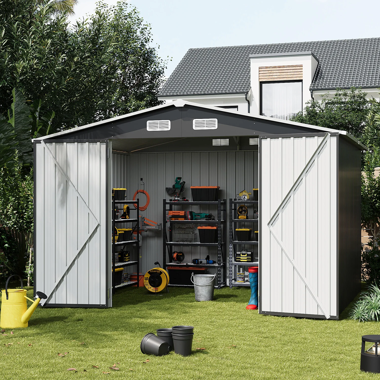 Aoxun 9.1’ x 7.4’ Outdoor Steel Utility Tool Metal Storage Shed with Lockable Doors for Backyard, Garden, Lawn and Patio, Black