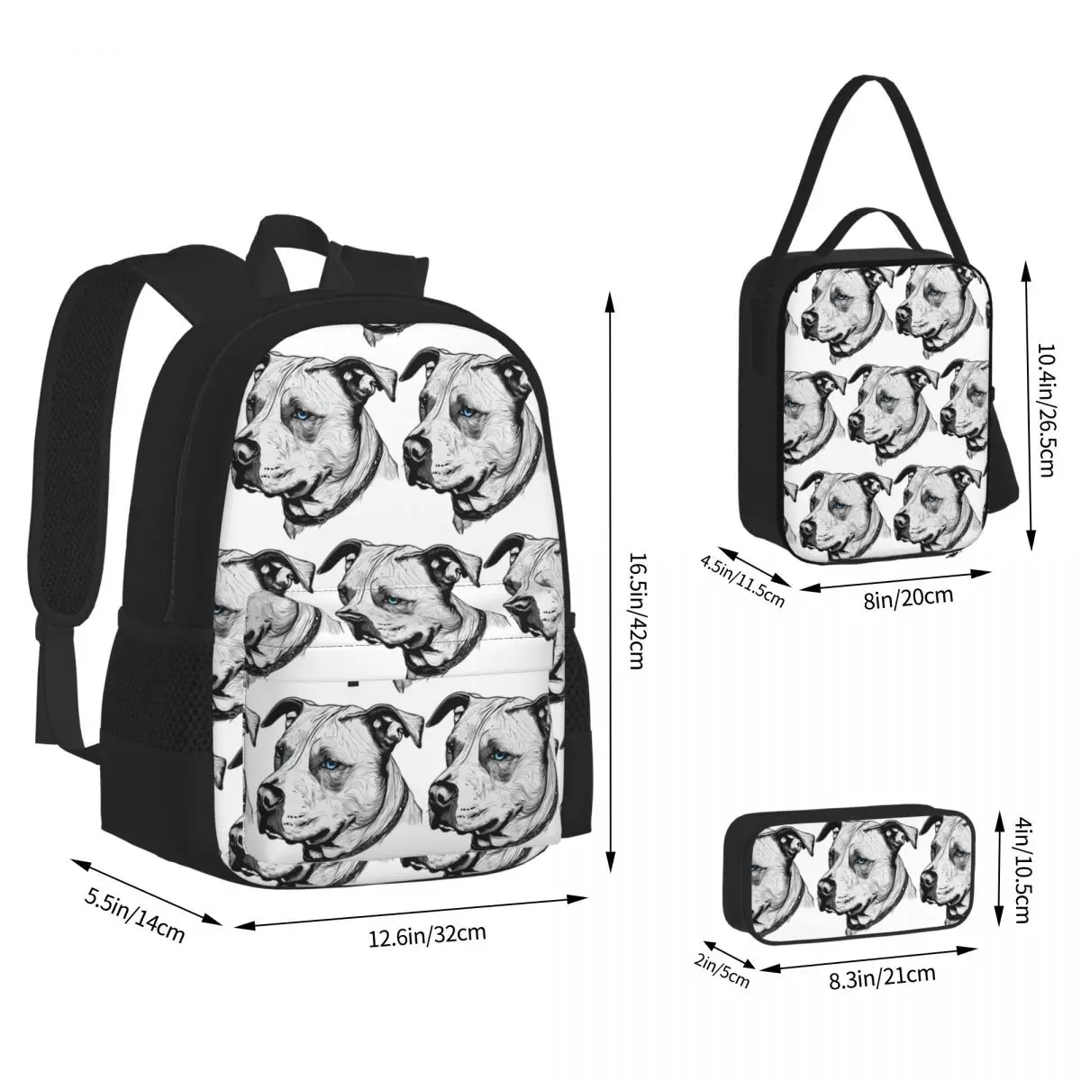 Minimalist Line Pitbull With Blue Eyes Backpacks Children Bookbag School Bags Rucksack Lunch Bag Pen Bag Three-Piece Set
