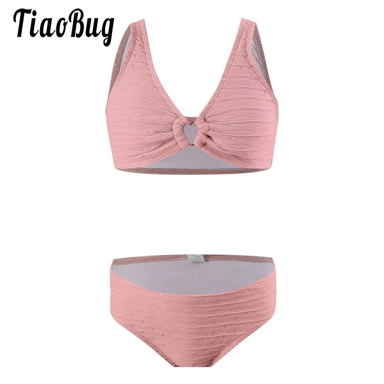 7-14Y Teens Girls Bikini Set Swimsuit Bathing Suit V Neck Bra And Briefs Swimming Outfit Solid Color Swimwear for Pool Beachwear