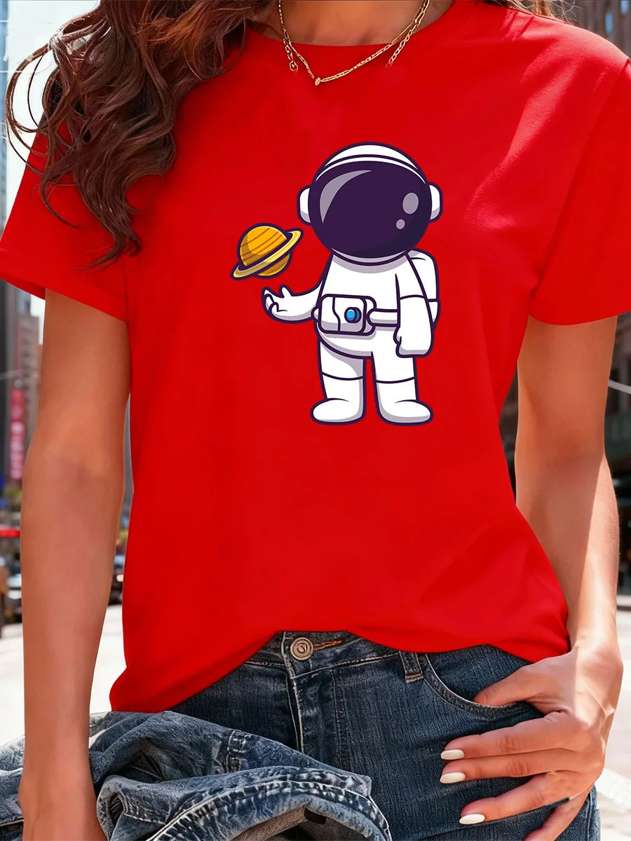 تي شيرت أبيض قصير الأكمام مع رائد فضاء كرتوني لطيف يحمل رسومات زحل، تي شيرت كاجوال بطابع مساحة للارتداء اليومي #4