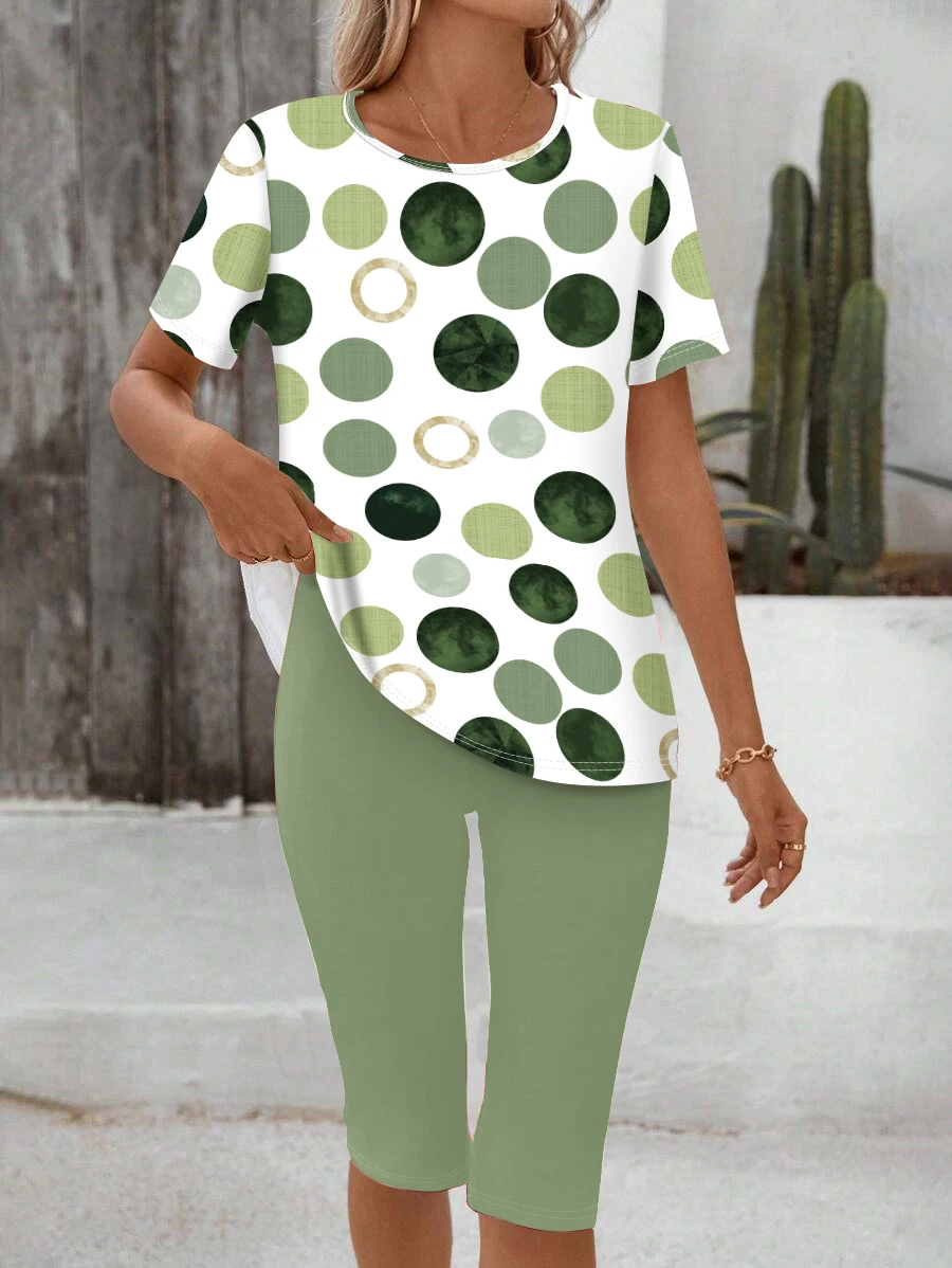 Women's Spring and Summer Polka Dot Print Short-Sleeved T-Shirt + Pants Two-Piece Set, Suitable for Daily Wear and Vacation Outfits