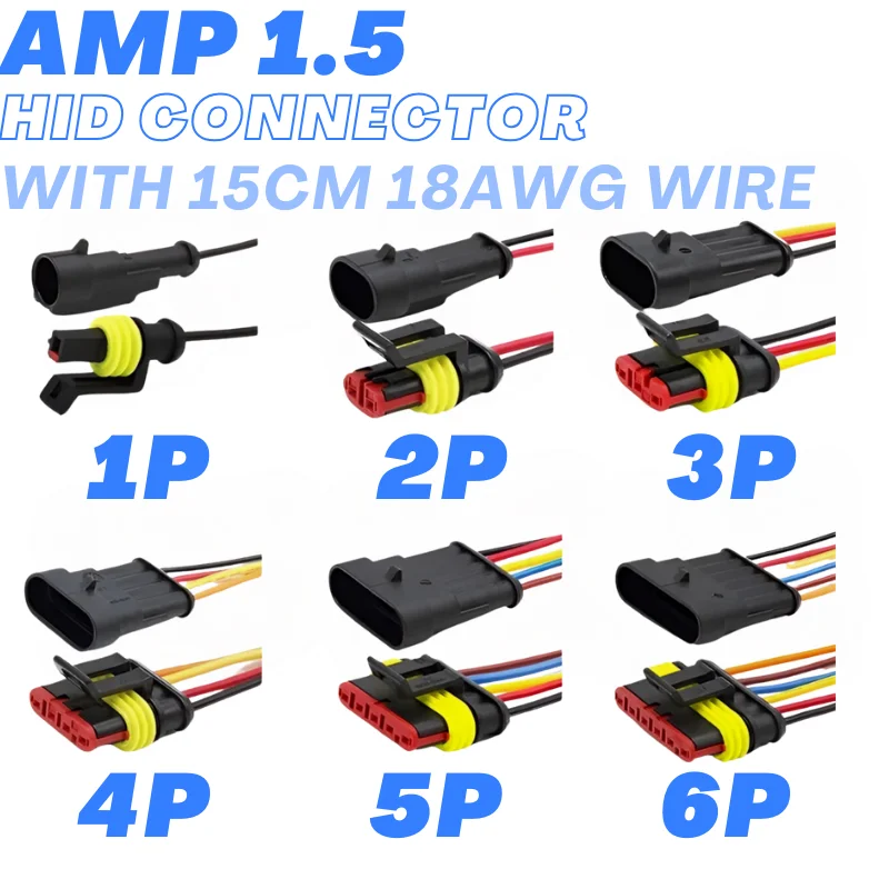 방수 자동 커넥터 세트 – AMP 1P, 2P, 3P, 4P, 5P, 6P 암수 플러그, 15cm, 18AWG 와이어 케이블, 차량용 HID 하네스, 5세트 또는 20/100세트 선택 가능