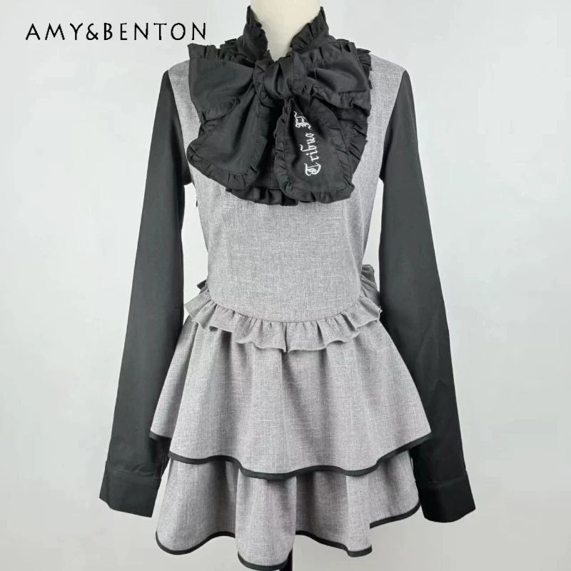 

Japanese Original Design Subculture Women's Dress 2026 New Sweet Cool Cute Bow Collar Black Gray Splicing Short Dresses Ladies