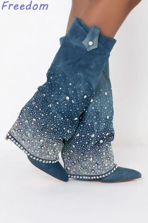 New full of stars pointed fine heel rhinestone women's boots jeans tube boots large size women's boots