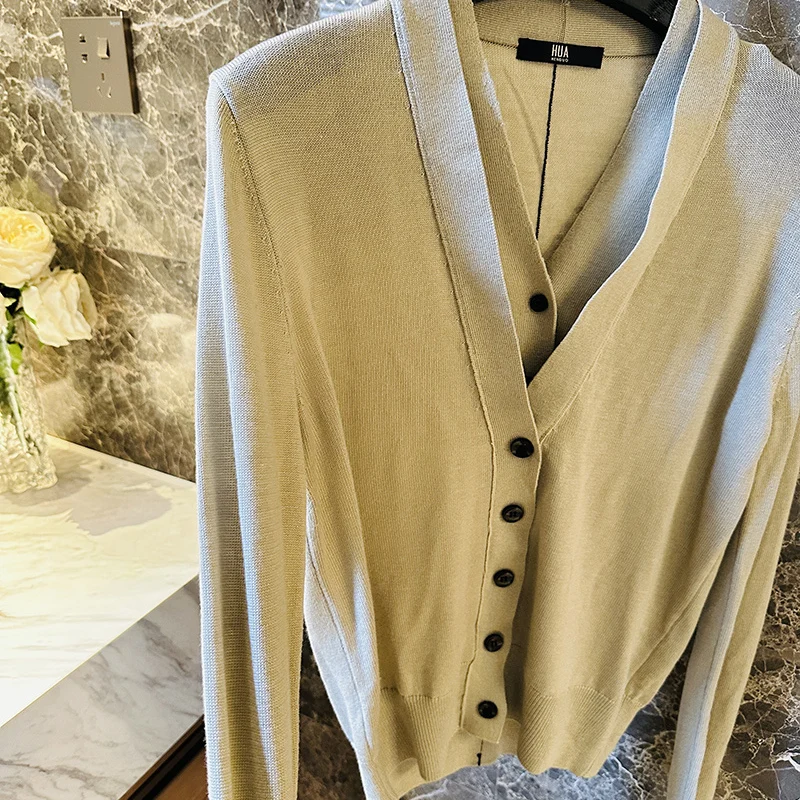 

Кардиган с V-образным вырезом и эффектом похудения, тонкой вязки, в британском стиле, для офиса, имитация двухслойности, с длинными рукавами, однотонный