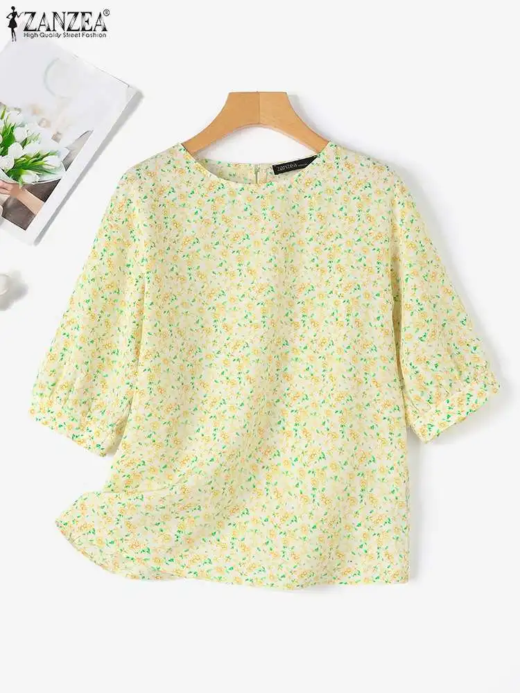 ZANZEA Women Floral Print Blouse Korean Fashion Half Sleeve Tops 2024 Summer Round Neck Tunic Holiday Casual Shirts Oversized