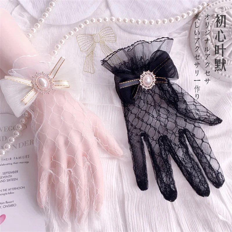 

Black White Lace Gloves for Women Lolita Tea Flower Gloves Girls Soft Mesh Gloves Elegant Bow Floral Gloves Sweet Wristband Maid