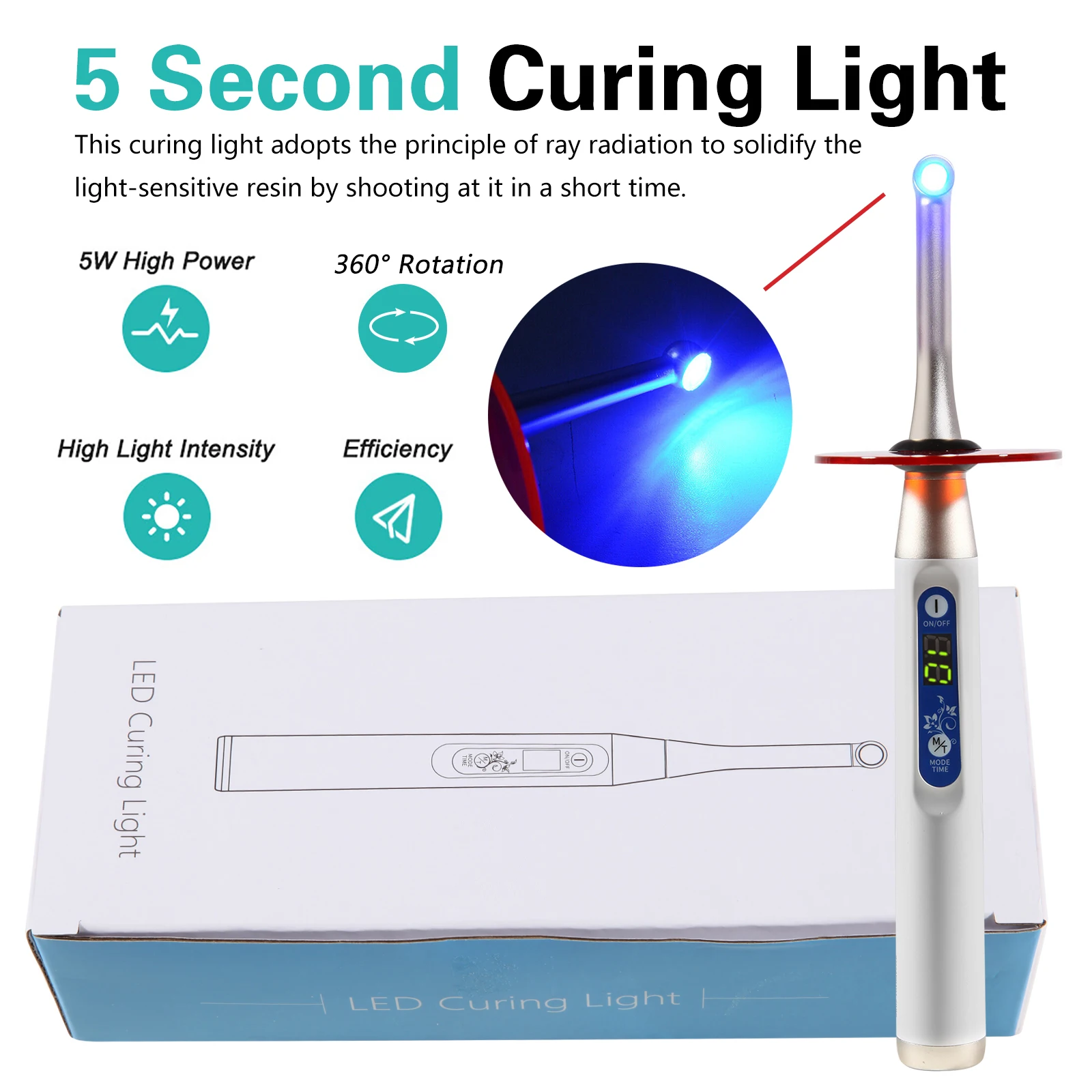 Dental Cordless LED Curing Light 3 Modes 1 Second Cure Light Lamp Metal Head