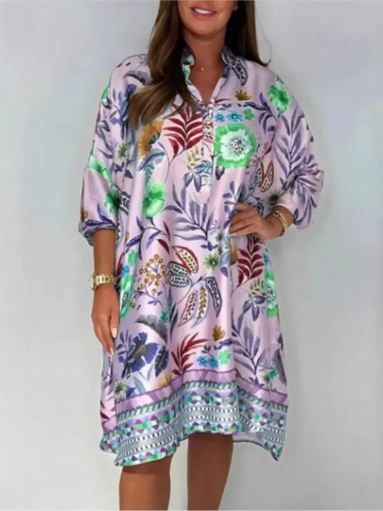 Print Long Dresses For Women Midi Dress Woman Puff Sleeve Summer Dresses 2025 Holiday Robe Boho Female Casual Loose Beach Dress