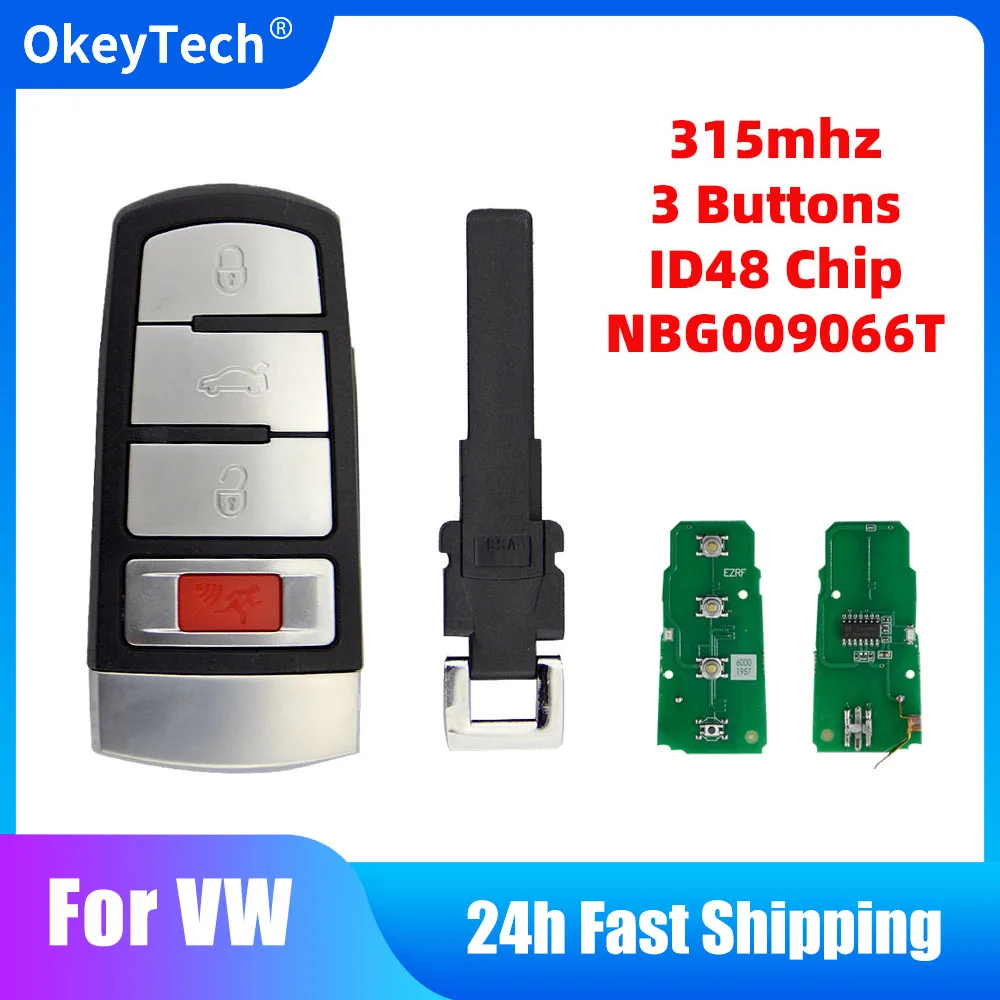 OkeyTech Car Remote Control Key For VW Volkswagen Passat 2006-2013 CC 2009-2015 ID48 Chip 315MHz NBG009066T Promixity Card