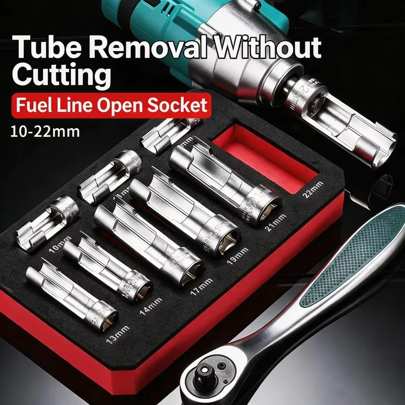 9/10PCS Oxygen Sensor Socket Ratchet Wrench Set 10-22mm Flare Nut Oil Pipe Oxygen Sensor Wrench Auto Car Repair Maintenance Tool