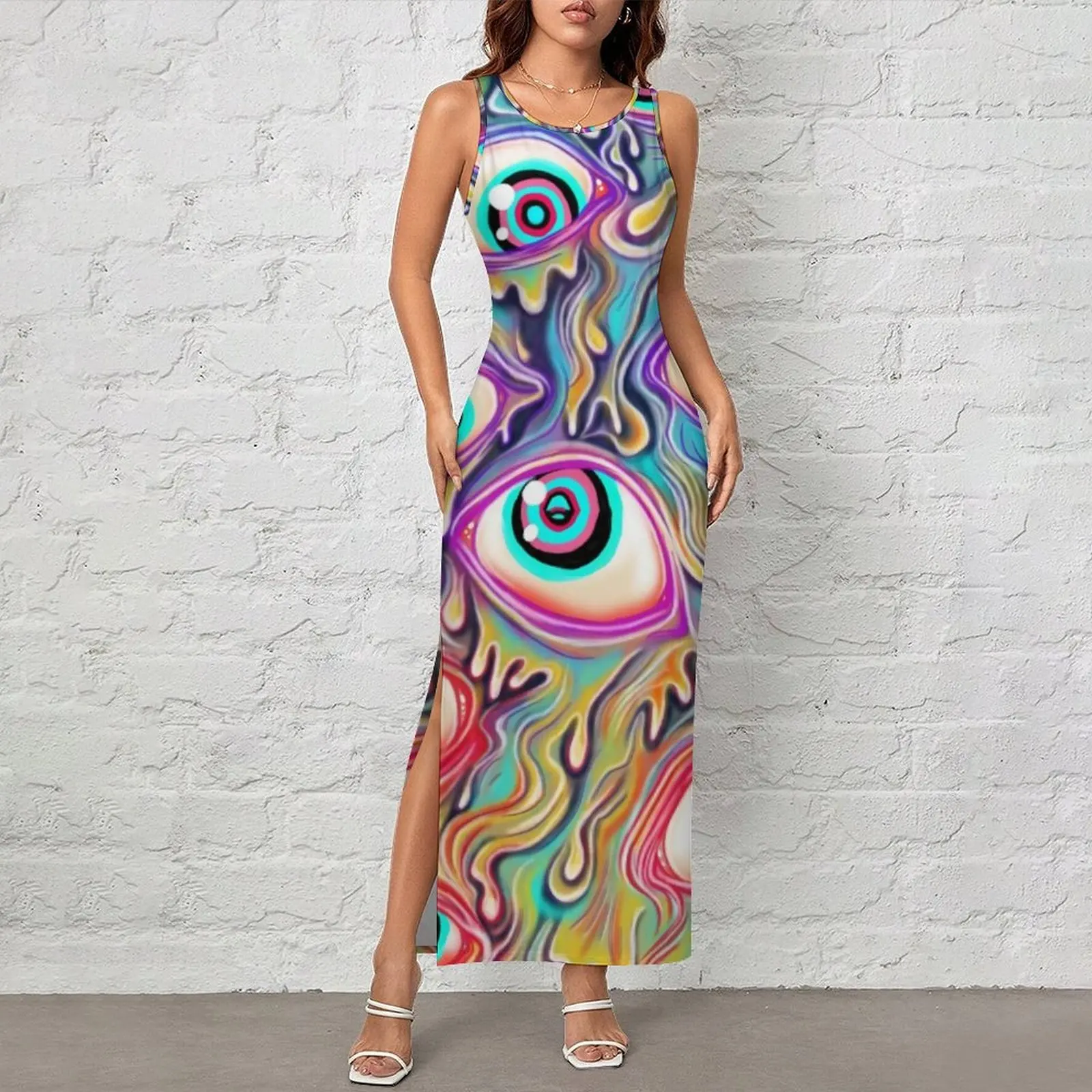Colorful Dripping Eyes Dress Sleeveless Eyeball Pattern Maxi Dresses Slim Sexy Bodycon Dress Women Graphic Oversize Vestido