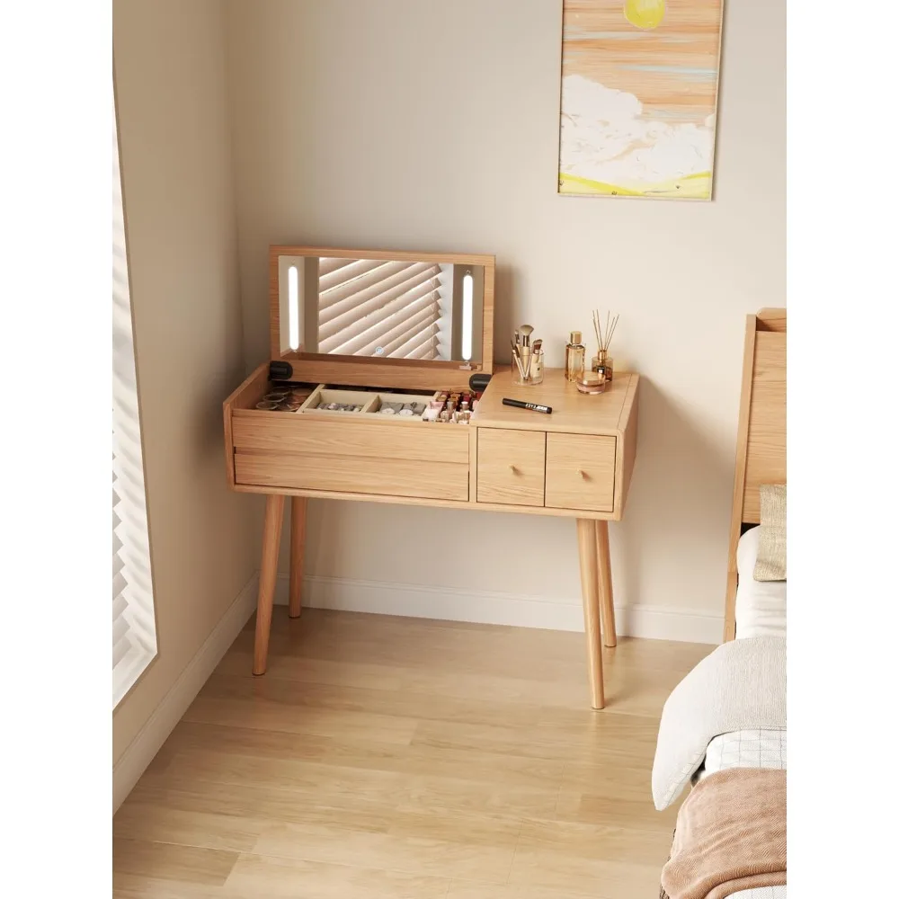 مكتب زينة خشبي مع مرآة وأضواء، مجموعة منضدة الزينة مكونة من 4 أدراج، علامة تبويب مكياج كبيرة مقاس 40 بوصة