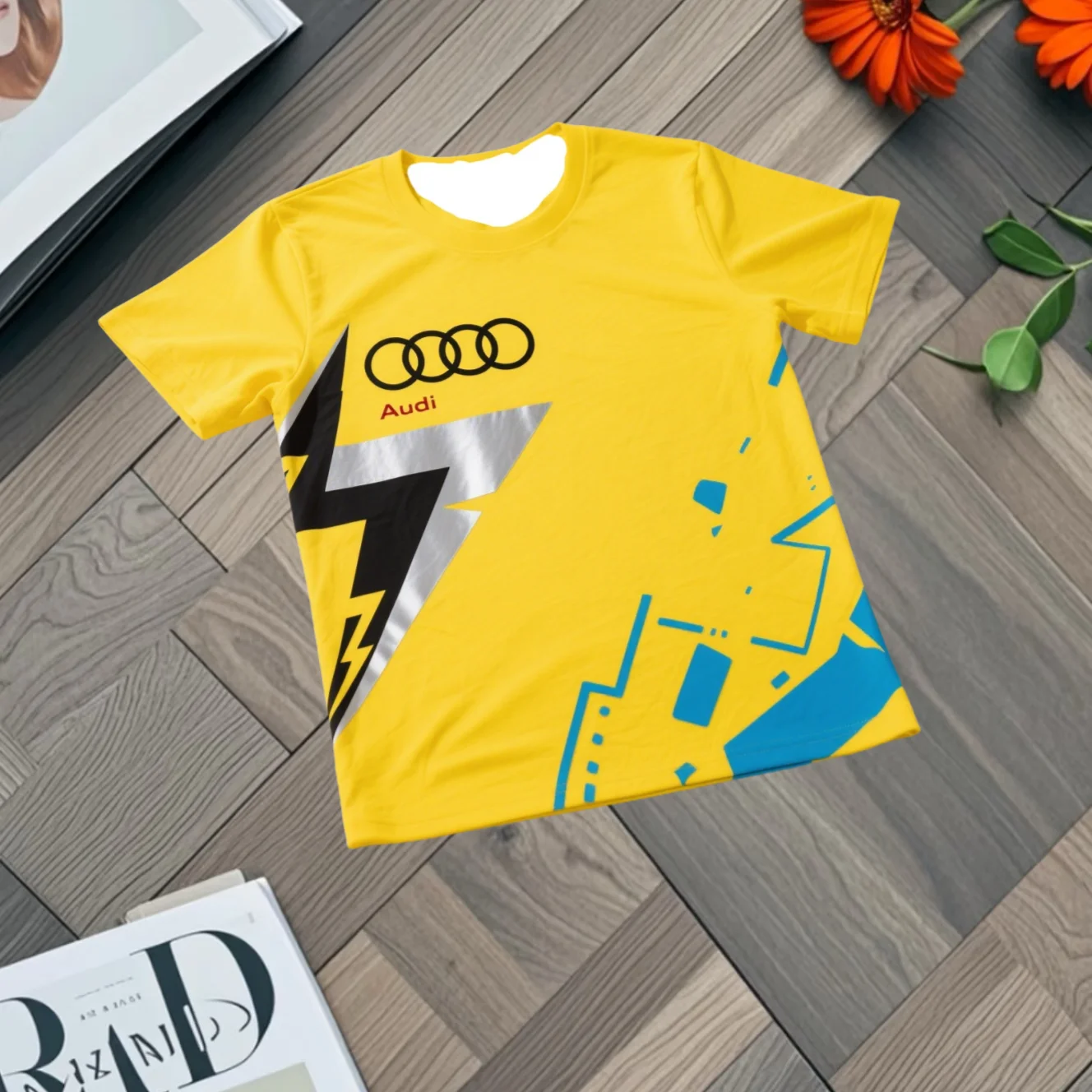 2025Summer Audi Racing Print Short-sleeved T-shirt Adult Men's and Children's Parent-child Football Sports Quick-drying Top