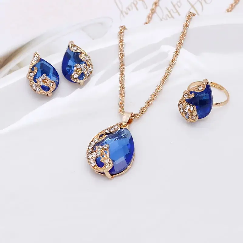 Blue Color Water-Drop Shape Rhinestone Necklace Earrings Ring Jewelry Set Gift Peacock Crystal Korean Set Fashion Custom Jewelry