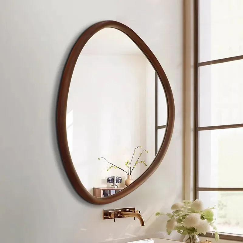Irregular Rubber Wood Frame HD LED Touch Makeup Mirror Anti Fog Wall Mounted Bathroom Vanity Lighted Fill Lighting Washbasin