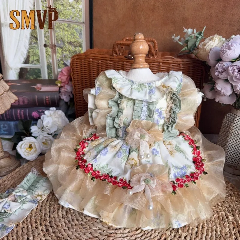 

Original Design Vintage Floral Pet Princess Dress Lace Ruffle Tutu Dress for Small Dogs Cats Cute Lolita Style Pet Outfit
