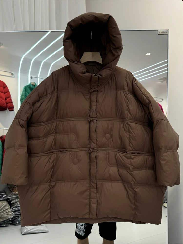 Streetwear Women's Bat sleeved down jacket with hooded solid color 2024 Winter Chinese style Oversize puffer coat warm DJ048