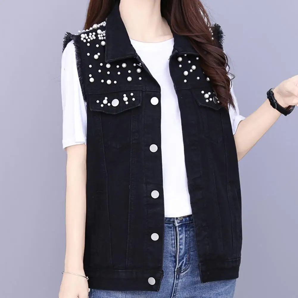 Denim Waistcoat Lapel Sleeveless Multi Pockets Single Breasted Buttons Women Faux Pearls Decor Plus Size Vest Coat Streetwear