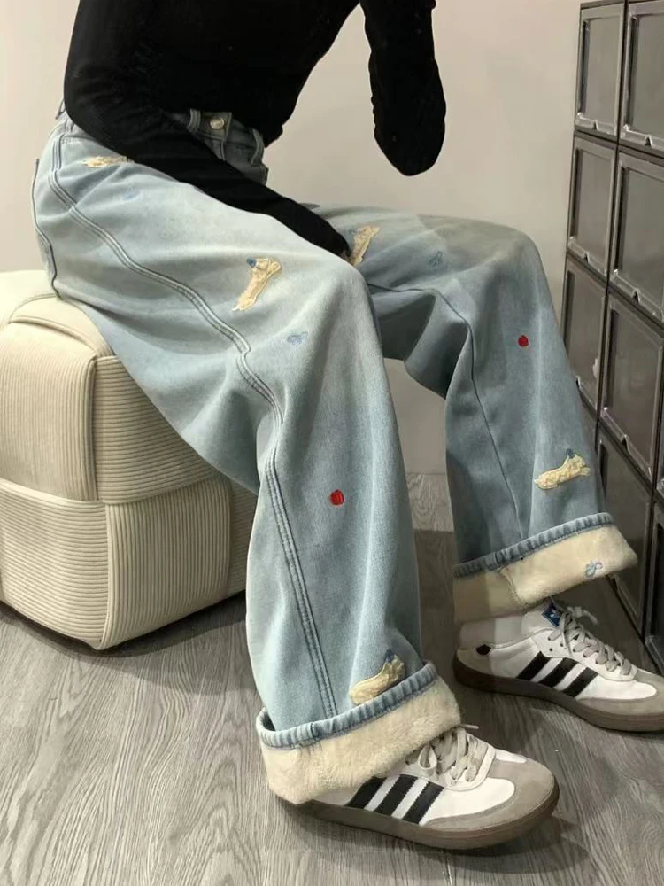 

American Design Sensation Sausage Dog Embroidered Fce Lined Straight Leg Loose Fit Jeans Men's High Waist Slimming Spring